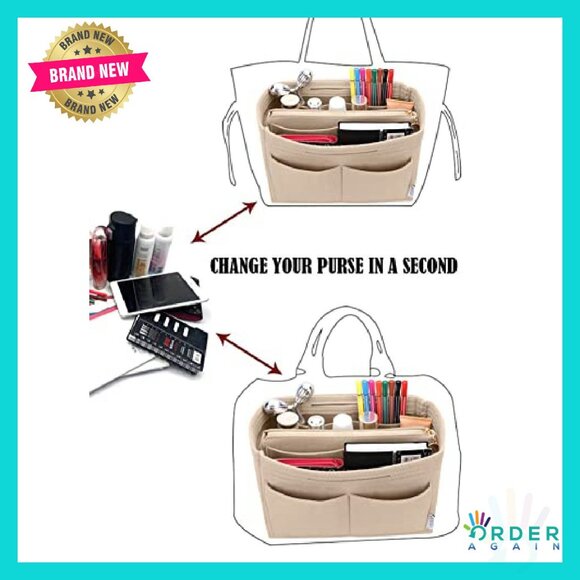 Felt Purse Organizer Insert Zipper Tote Shaper Speedy Neverfull Fit - Picture 6 of 8